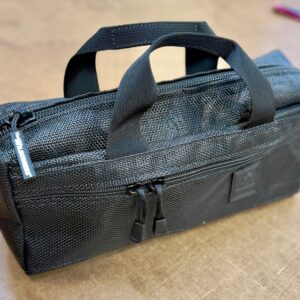 Giles Bag in black mesh fabric.
