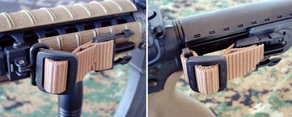 SPQD adapters at the rear and front allow the Single-Point Sling to become a hasty 2-point sling.